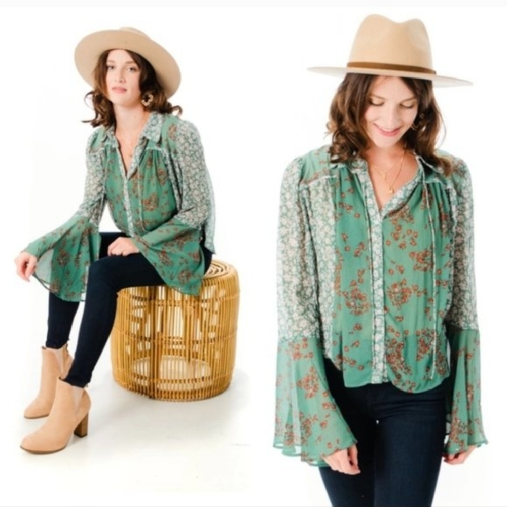 Free People Floral Green Blouse Sheer with Bell Sleeves Size XS
